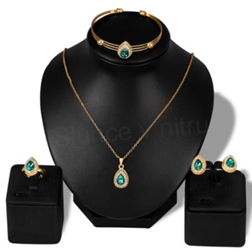 Souprava šperků kapka, slza s krystaly 4 kusy pozlacená zelená (BS108)