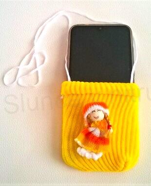 Pouzdro, obal na mobil punčoška s ozdobou šedomodrý (H458)