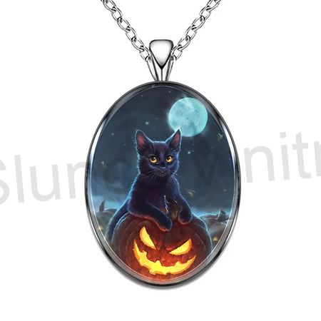 Nerezový náhrdelník s přívěškem černá kočka, dýně (BD793)
