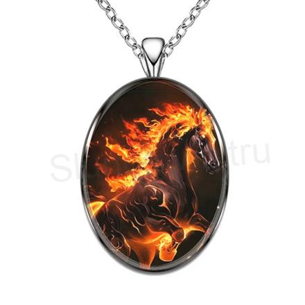 Nerezový náhrdelník černý kůň, plameny (BD798)