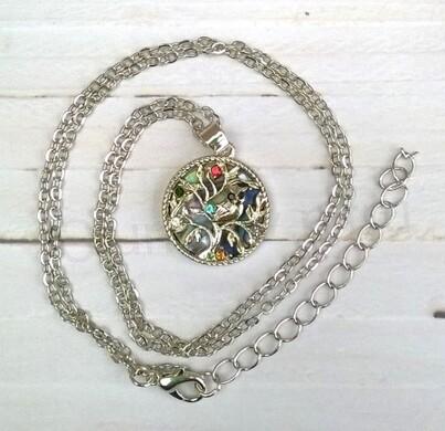 Postříbřený minerální náhrdelník s přívěškem strom života, přírodní mušle Paua a sova se zirkony (X1771)