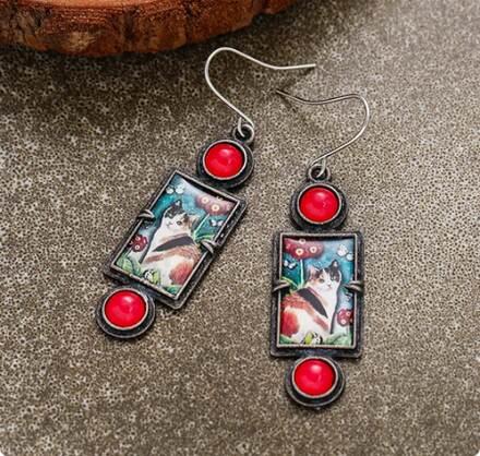 Kované visací náušnice kočky s kamínkem (BB782)