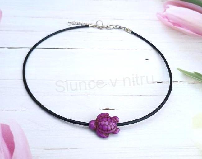 Náhrdelník choker kůže - tyrkys | želva fialová (BD936)