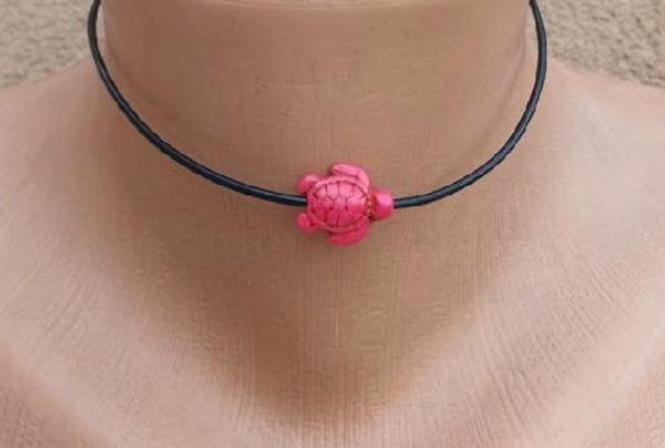 Náhrdelník choker kůže - tyrkys | želva růžová (BD937)