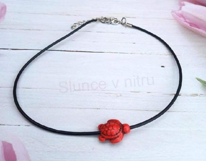 Náhrdelník choker kůže - tyrkys | želva růžovo oranžová (BD938)