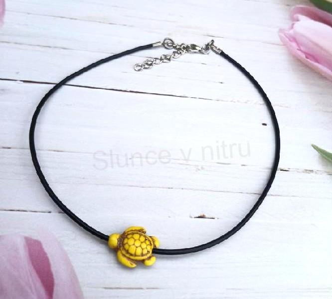 Náhrdelník choker kůže - tyrkys | želva žlutá (BD940)