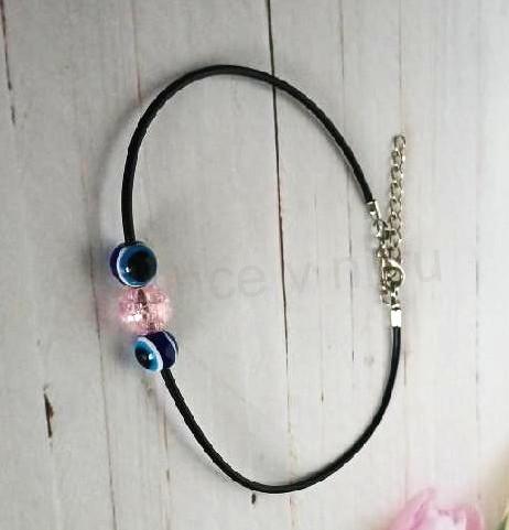 Náhrdelník choker kůže - korálky oko, korálek růžový (BD977)