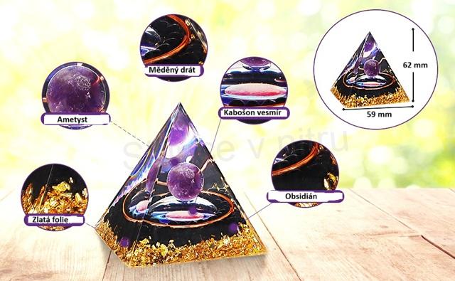 Orgonitová pyramida - kosmický vesmír, ametyst, obsidián 6,2 x 5,9 cm (PP213)