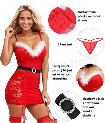 Vánoční krajkové spodní prádlo, negližé s G String velikost XS/S (K664)