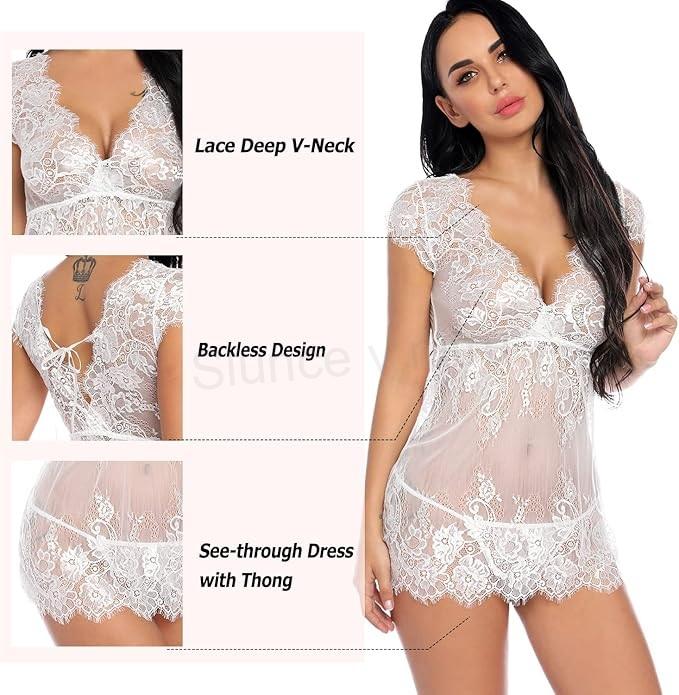 Krajková košilka s výstřihem do V + tanga, bílá XL (K700)