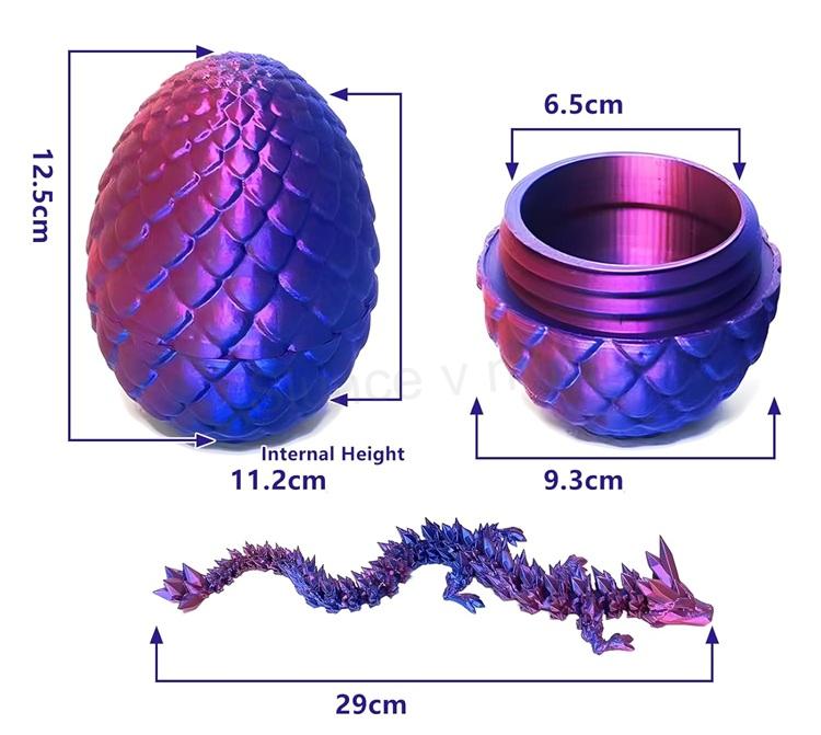 3D tištěné dračí vejce – pohyblivý drak uvnitř, laserově fialové (D1250)