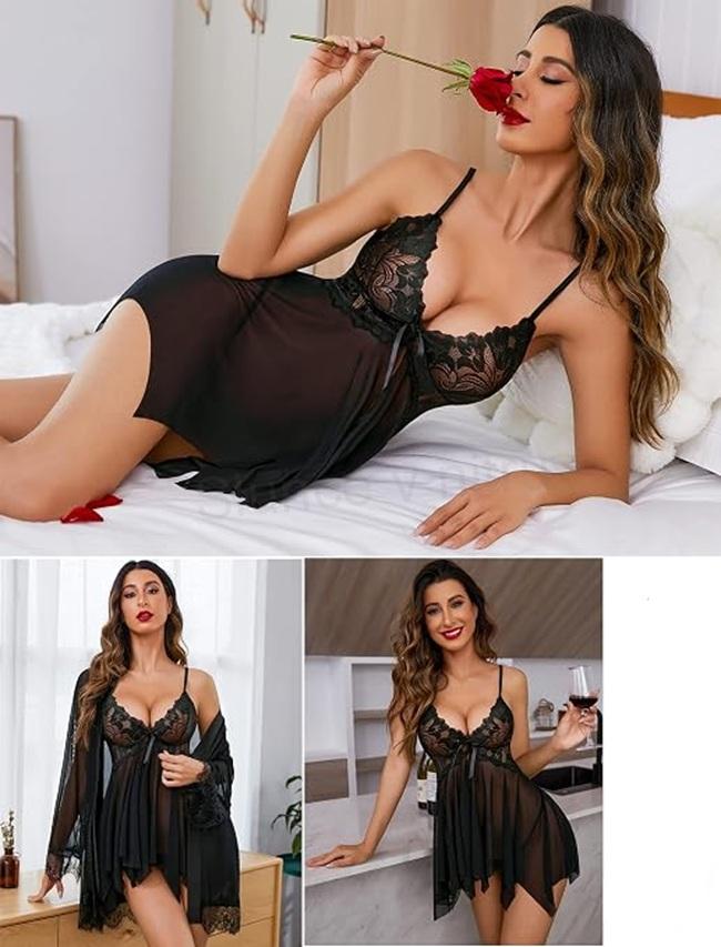 Sexy krajková noční košilka L | černá (K770)