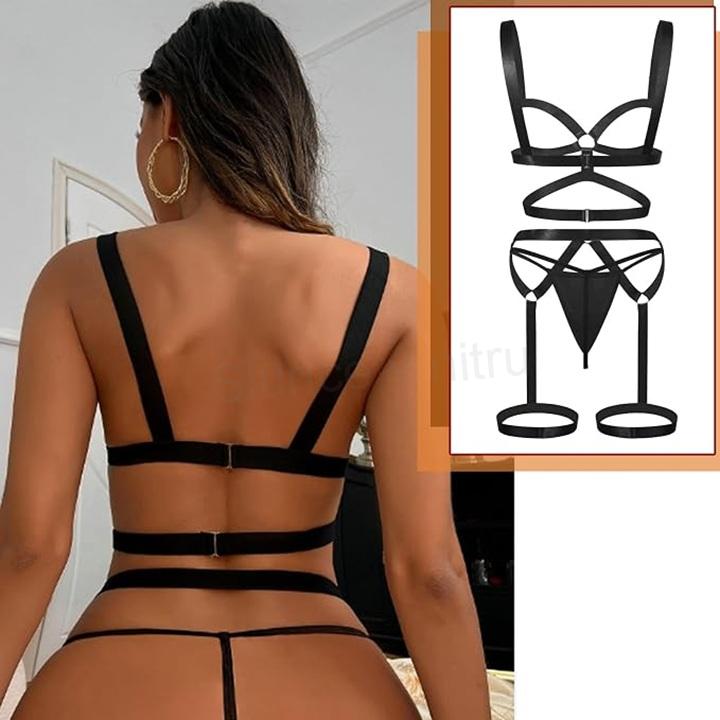 Sexy Harness spodní prádlo 3dílný set černý velikost S/M (K829)