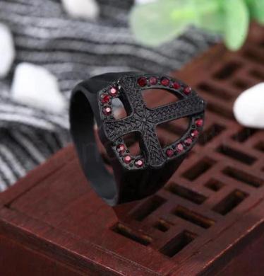 Pánský prsten templářský černý kříž s červenými křišťály (BP7)