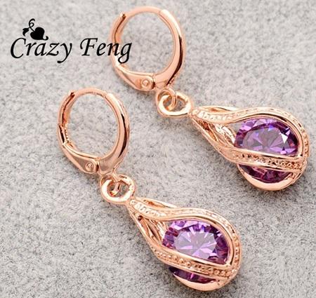 Dlouhé pozlacené náušnice – zirkonová kapka, růžová (BB250)