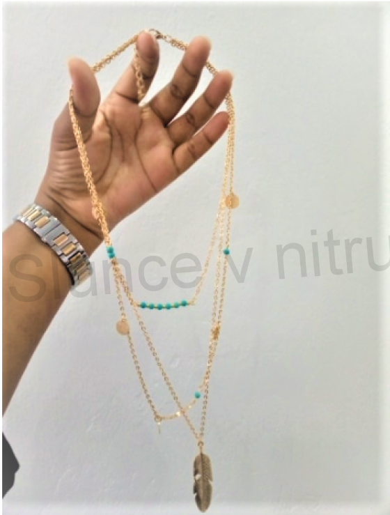 Vícevrstvý pozlacený minerální náhrdelník s tyrkenitem a peříčkem přání (X213)