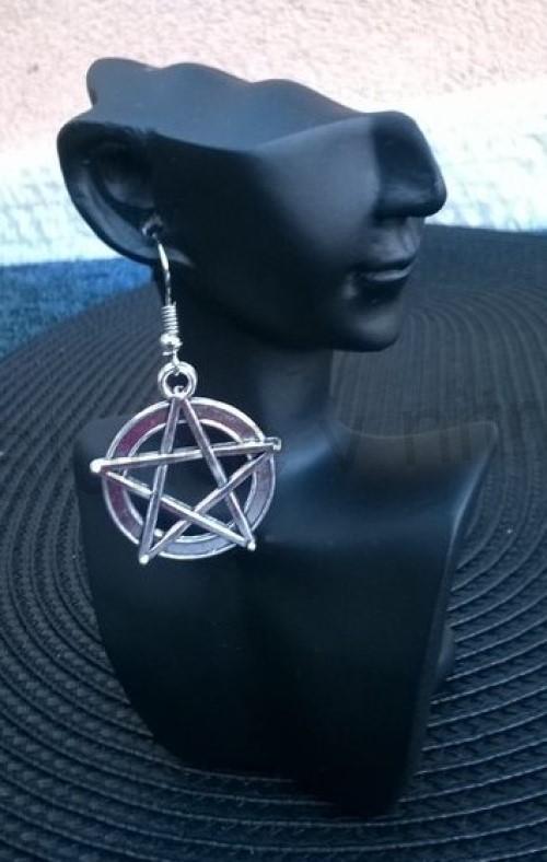 Dlouhé náušnice Čarodějnický Pentagram Ochrana -  stříbrné (BB414)