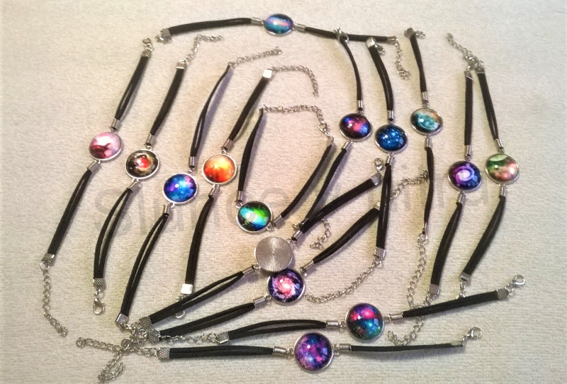 Kožený náramek s kabošonem - vesmír / platina - 4 (BC463)