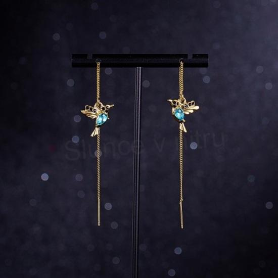 Dlouhé závěsné, visací náušnice kolibřík modré (BB687)