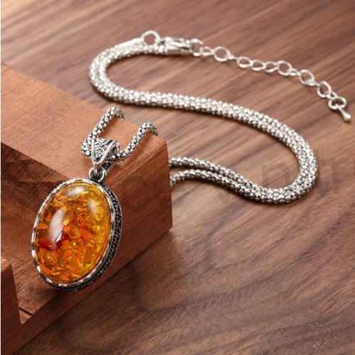 Popcornový postříbřený náhrdelník s Jantarem (X1234)
