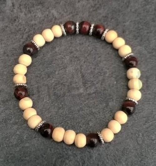 Minerální náramek byčí oko se dřevem a ozdobami (X1291)