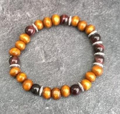 Minerální náramek byčí oko se dřevem a ozdobami (X1293)