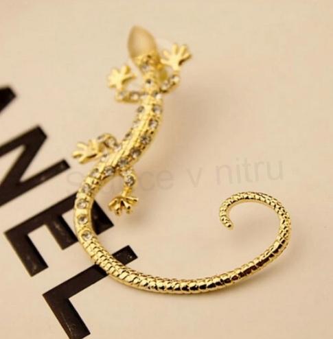 Puzetová náušnice Ještěrka, Gekon kočičí oko a čirými kamínky stříbrná (X1357)