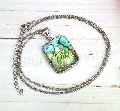 Náhrdelník s přívěškem přírodní mušle Paua oboustranná nerez ocel (X1776)