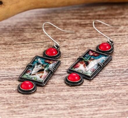 Kované visací náušnice kočky s kamínkem (BB782)