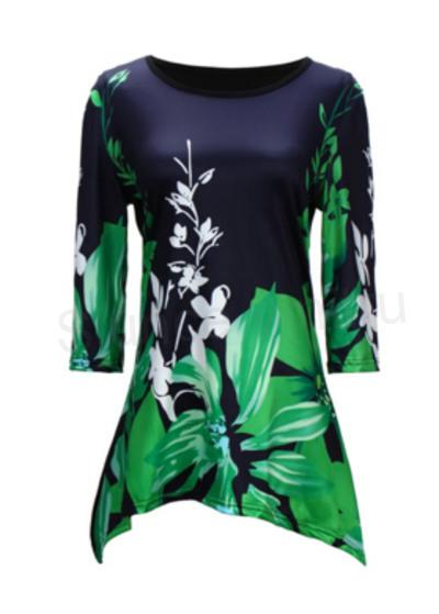 Modní dámské květinové triko, tunika zelená velikost 5 XL (K464)