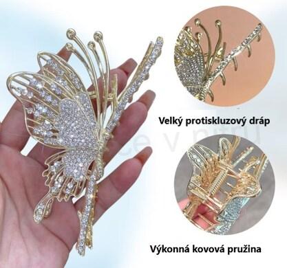 Vellká květinová spona do vlasů Butterfly Claw Clip, osázená štrasovými kamínky (H586)