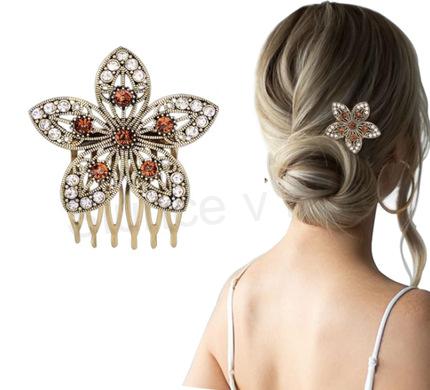 Vintage, retro křišťálový hřebínek do vlasů s rukojetí kytička (H599)