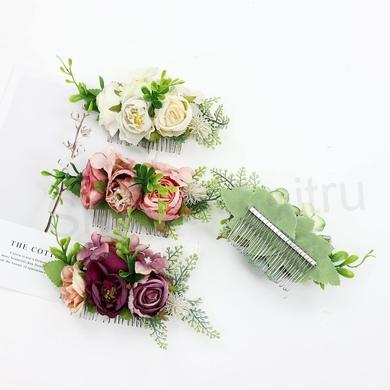 Květinový kovový hřeben, hřebínek do vlasů fuchsiový (H626)