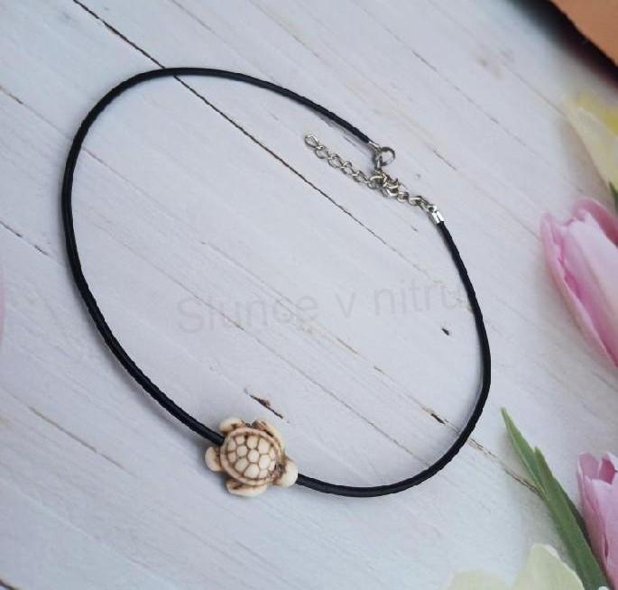 Náhrdelník choker kůže - tyrkys | želva béžová (BD935)