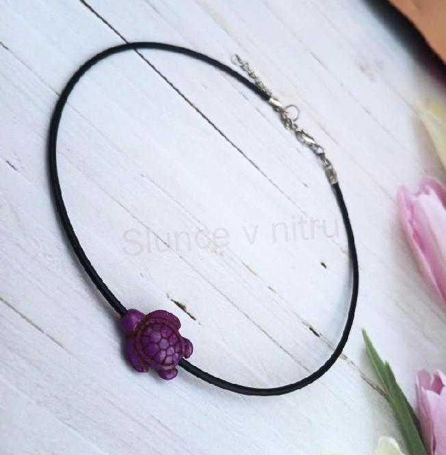 Náhrdelník choker kůže - tyrkys | želva fialová (BD936)