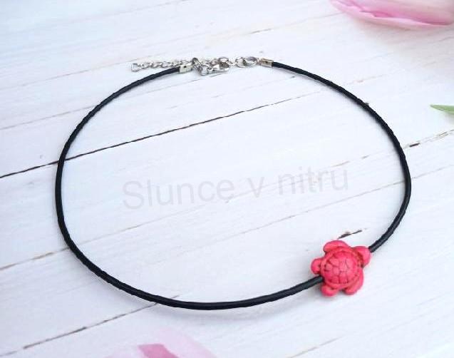 Náhrdelník choker kůže - tyrkys | želva růžová (BD937)