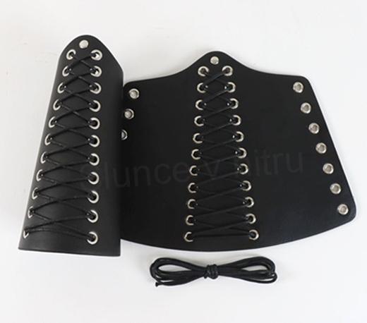 Gotický šněrovací kožený korzet a manžety na zápěstí sada černá (K629)