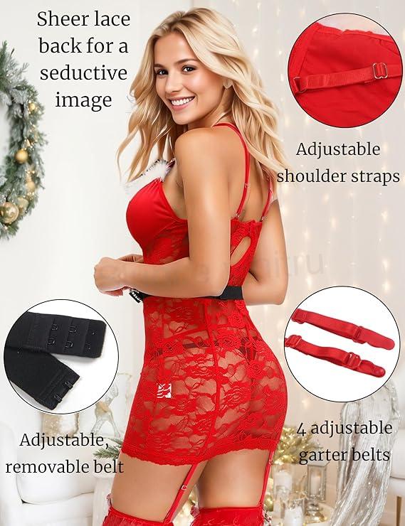 Vánoční krajkové spodní prádlo, negližé s G String velikost XS/S (K664)