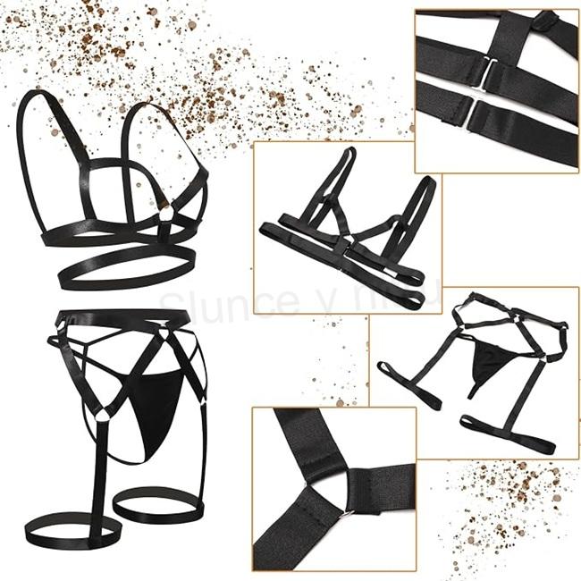Sexy Harness spodní prádlo 3dílný set černý velikost S/M (K829)