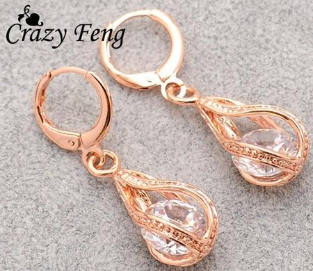 Dlouhé pozlacené náušnice – zirkonová kapka, růžová (BB250)