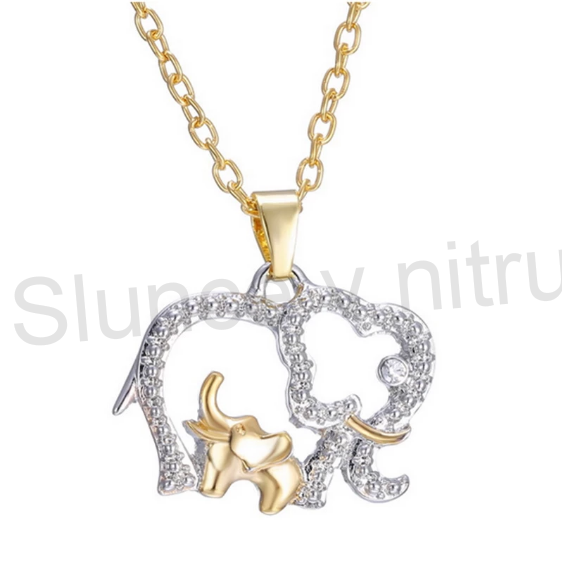 Postříbřený, pozlacený náhrdelník Slon - Matka s Mládětem (BD267)