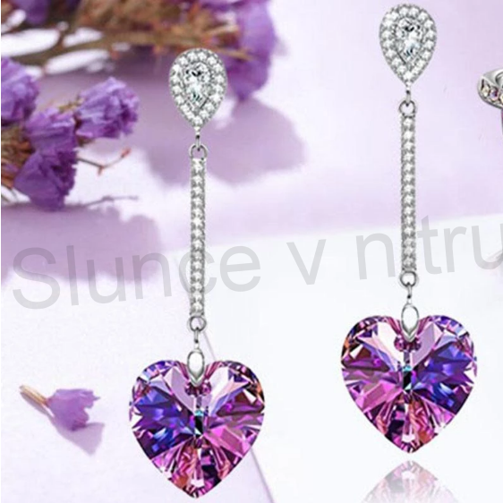 Dlouhé visací náušnice s kříšťálky a Swarovski srdcem (BB557)