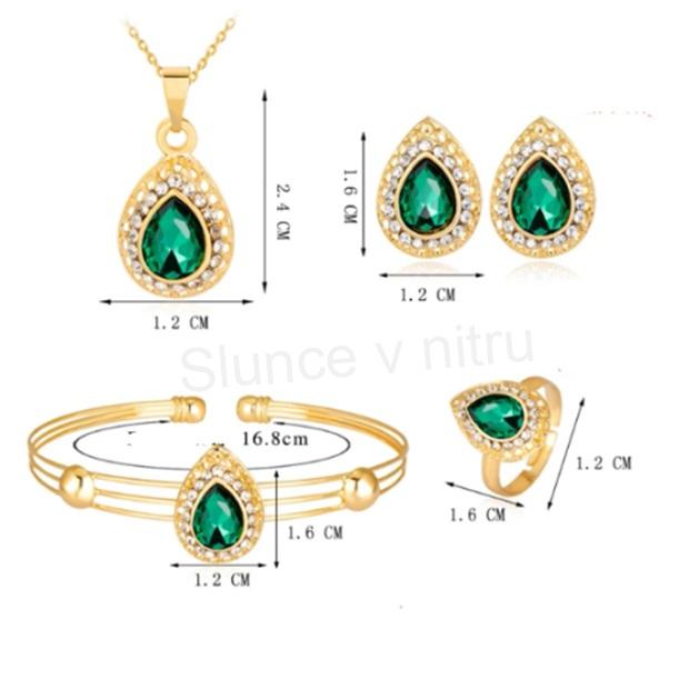 Souprava šperků kapka, slza s krystaly 4 kusy pozlacená zelená (BS108)