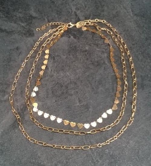 Vícevrstvý náhrdelník, přívěšky srdíčka z nerez oceli (BD703)