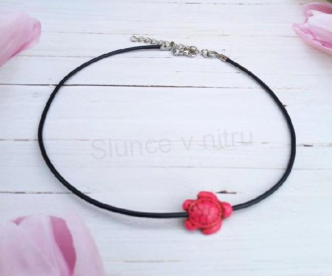 Náhrdelník choker kůže - tyrkys | želva růžová (BD937)