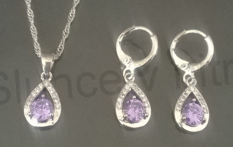 Postříbená souprava šperků kapka, slza se zirkony (BE81)