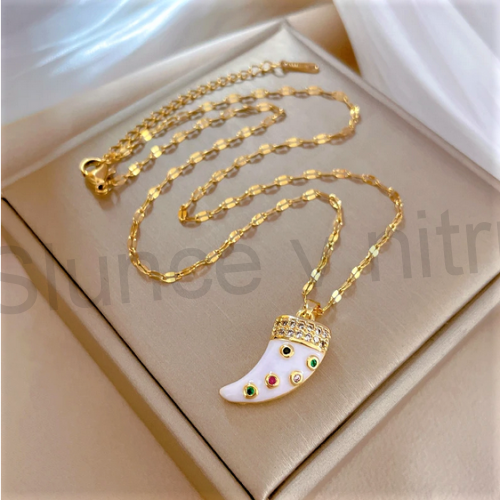 Náhrdelník z chirurgické oceli a vlčího zubu s kamínky (BD127)