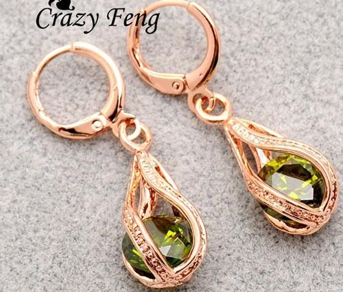 Dlouhé pozlacené náušnice – zirkonová kapka, růžová (BB250)