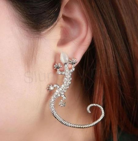 Puzetová náušnice Ještěrka, Gekon kočičí oko a čirými kamínky stříbrná (X1357)