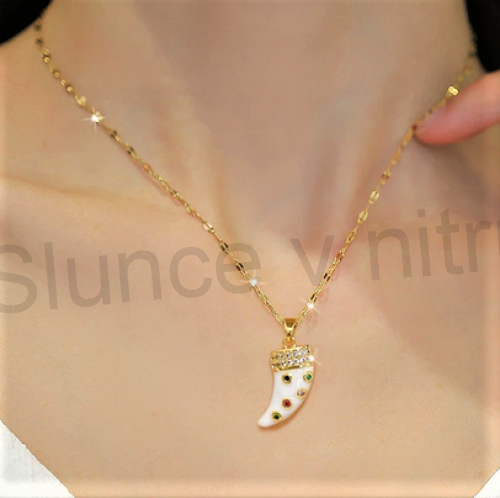 Náhrdelník z chirurgické oceli a vlčího zubu s kamínky (BD127)